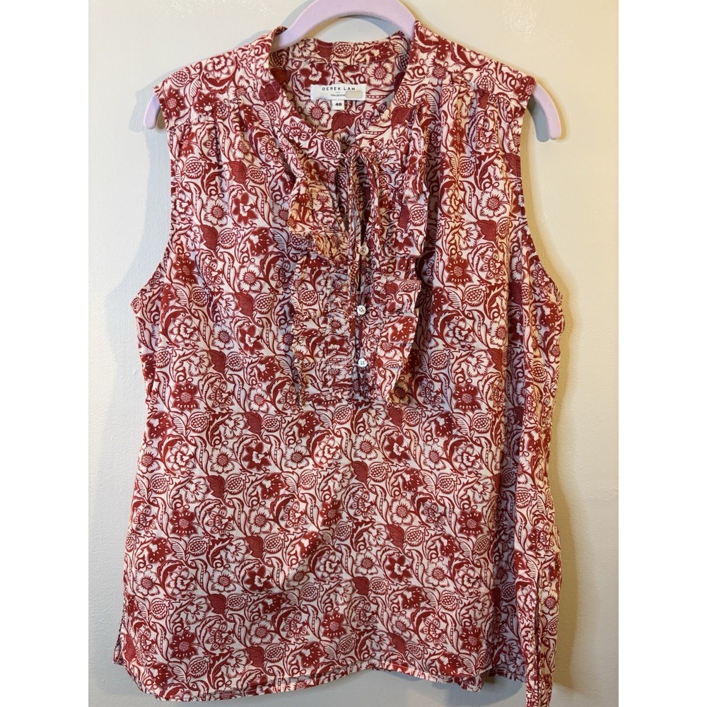 DEREK LAM Red Floral Ruffle Front Sleeveless Blouse 38 US 12 Career Office